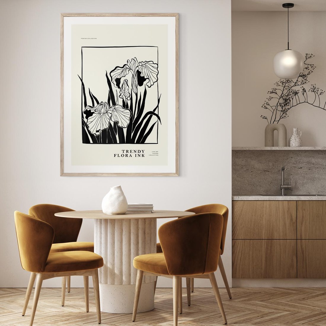 Plakat w ramie 40x50 - Spojrzenia na szkicowaną przeszłość - kwiaty, typografia - rama drewno