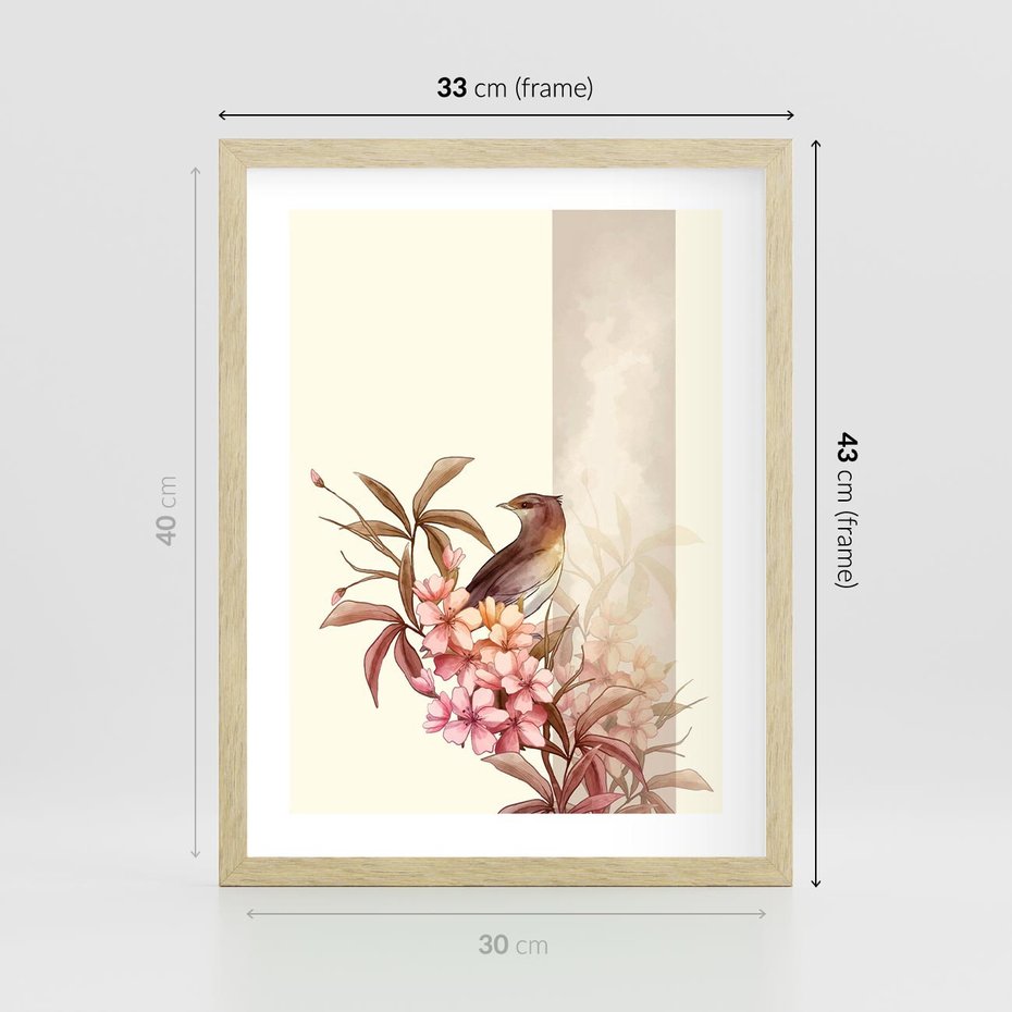 Plakat w ramie 30x40 - Kwiatowe Zanurzenie - japońska sztuka, ptak - rama drewno