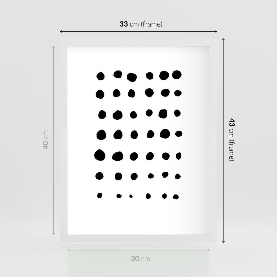 Plakat w ramie 30x40 - Refleksje Światła - minimalistyczna kompozycja, czarne kropkina białym tle - rama biała