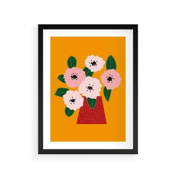 Plakat w ramie 40x50 - Harmonijne Granice - abstrakcyjne kwiaty, żółte tło - rama czarna