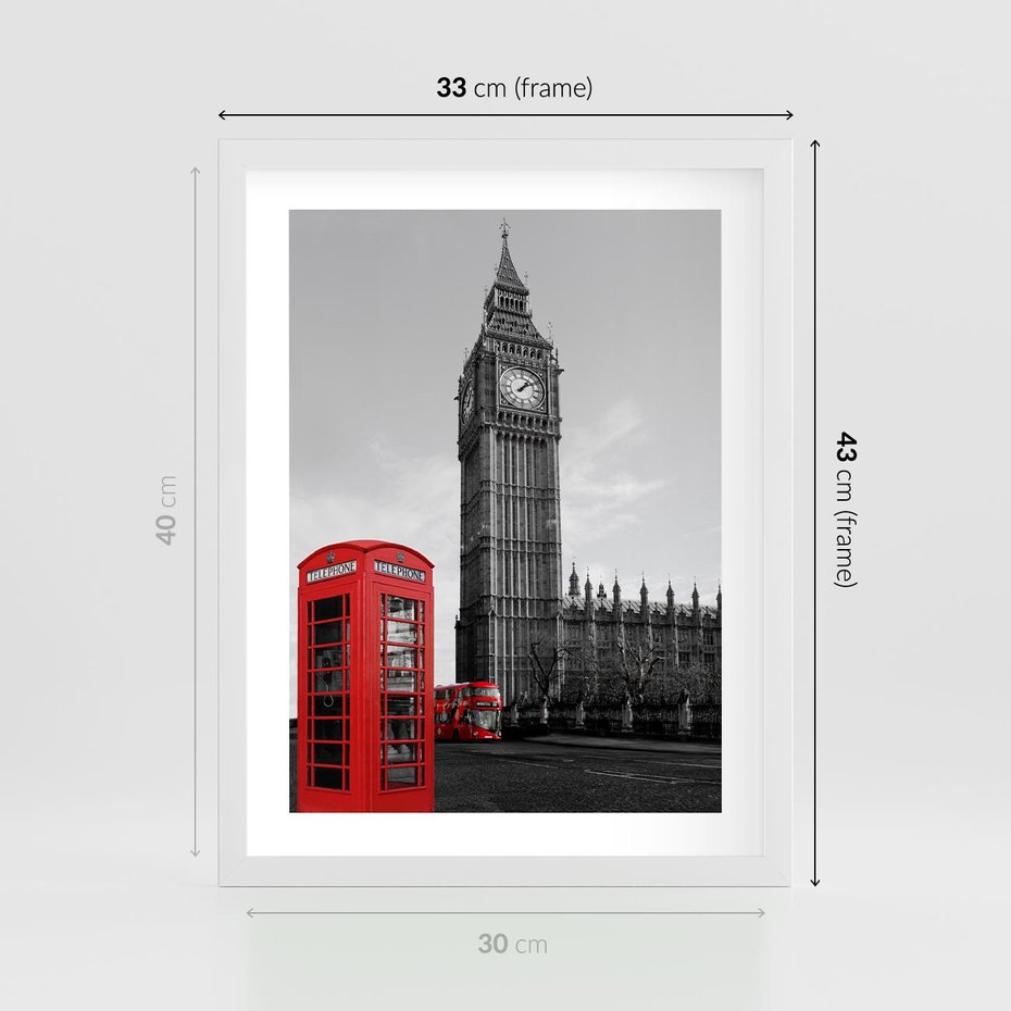 Plakat w ramie 30x40 - Budka telefoniczna przed Big Benem - budka, Londyn - rama biała