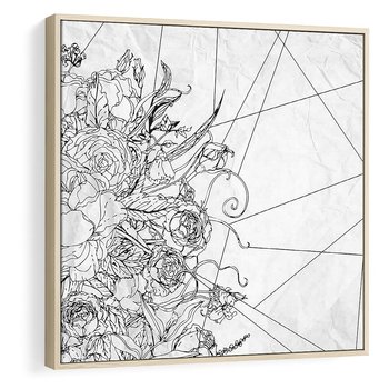 Obraz w ramie 80x80 - Refleksje w martwym punkcie - graficzny szkic, kompozycja kwiatów - rama drewno