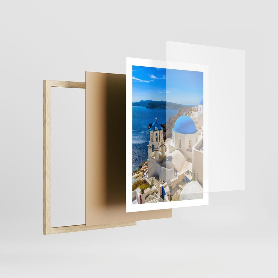 Plakat w ramie 50x70 - Urokliwy widok na Santorini - Santorini, widok - rama drewno