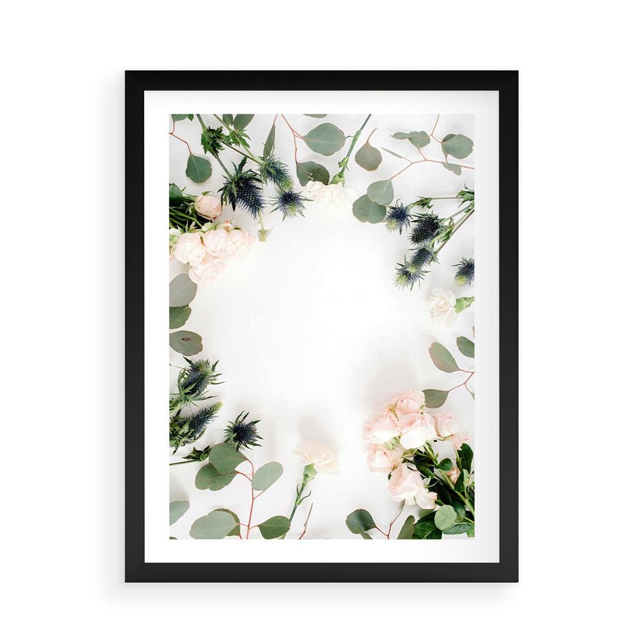 Plakat w ramie 50x70 - Róże i Zielone Liście - kompozycja kwiatowa, róże - rama czarna
