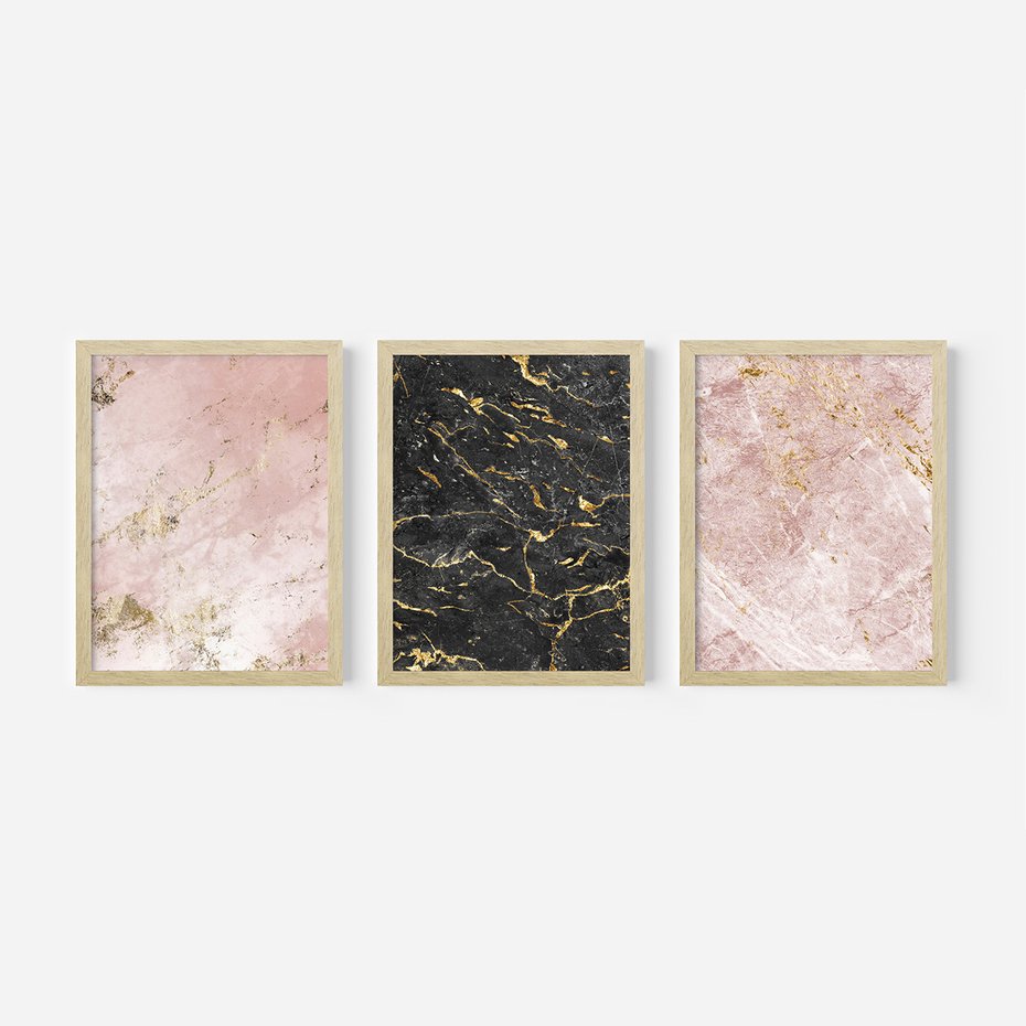 Zestaw obrazy w ramie 40x50 galeria - Marmur, złoto, róż, czerń - rama drewno