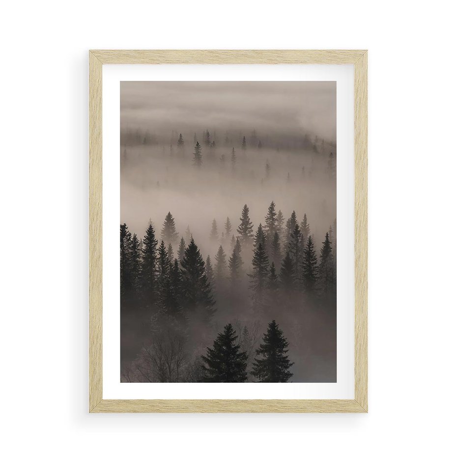 Plakat w ramie 50x70 - Mglista Opowieść Lasu - las, mgła - rama drewno