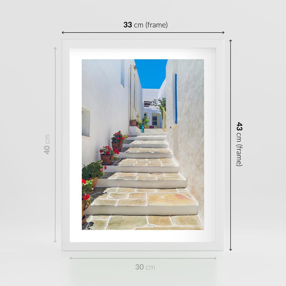 Plakat w ramie 30x40 - Urok Greckiej Uliczki - grecka, uliczka - rama biała