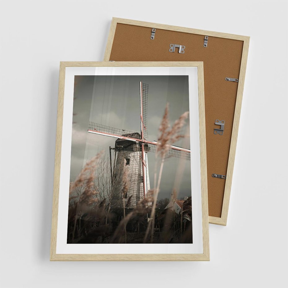 Plakat w ramie 50x70 - Wiejska Idylla: Młyn w Polu - wiatrak, młyn w polu - rama drewno