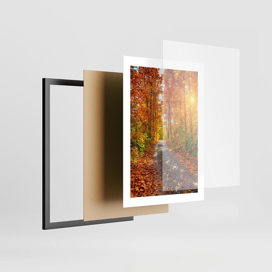 Plakat w ramie 30x40 - Kolorowe drzewa na ścieżce jesieni - las, jesień - rama czarna