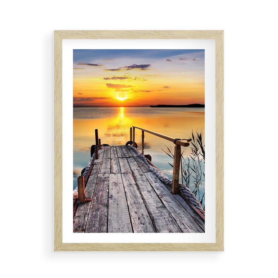Plakat w ramie 50x70 - Zachód nad jeziorem z pomostem - pomost, jezioro - rama drewno