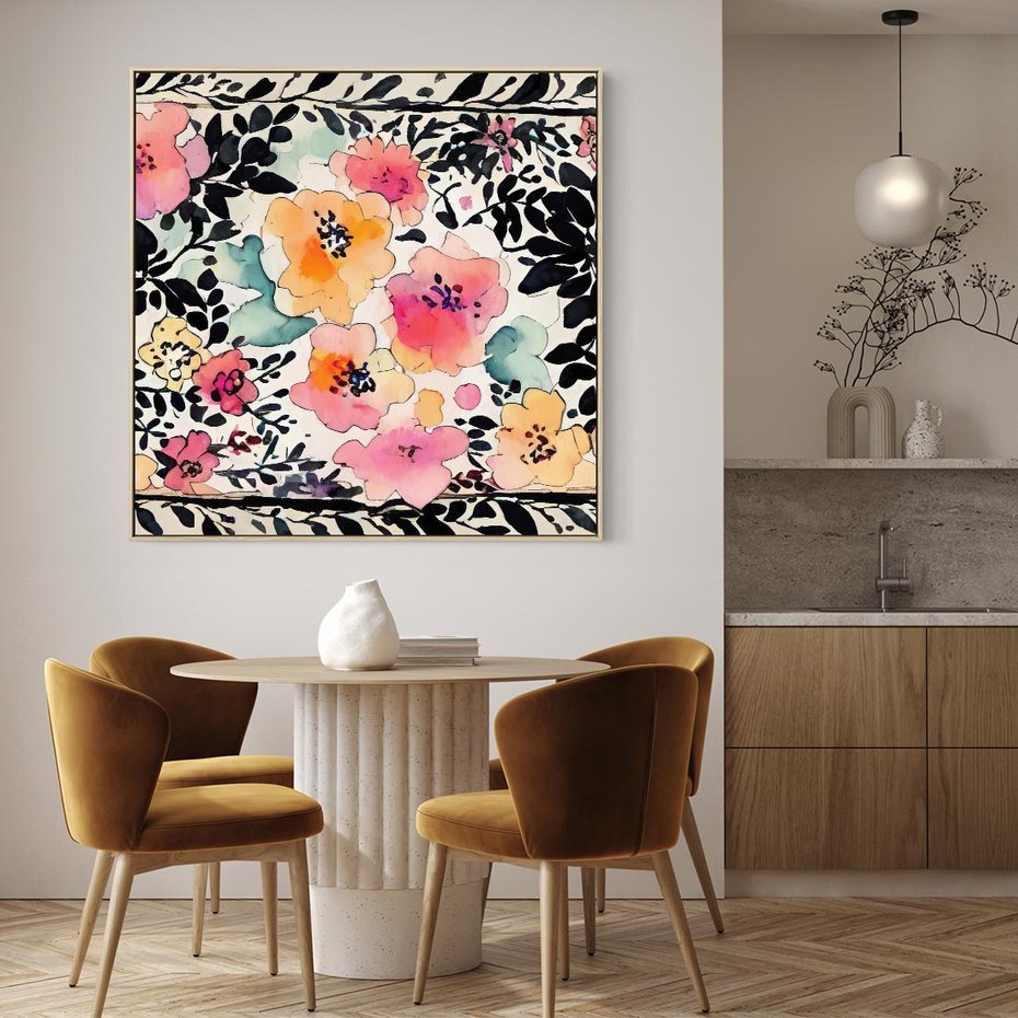 Obraz w ramie 50x50 - Opowieść w kroplach farb - akwarelowe kwiaty, mocna ornamentowa czarna ramka namalowana dookoła obrazu - rama drewno