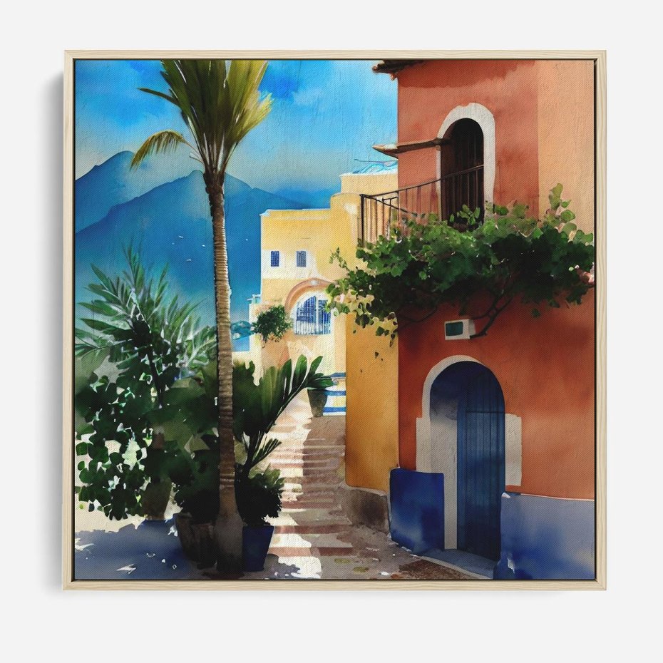 Obraz w ramie 50x50 - Spokój Miasta nad Morzem - akwarela, sródziemnomorski klimat - rama drewno