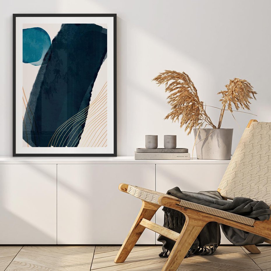 Plakat w ramie 50x70 - Nocne Widzenia - abstrakcyjna granatowa plama, akwarela - rama czarna