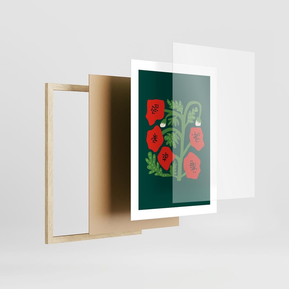 Plakat w ramie 30x40 - Księga Odbić - abstrakcyjna kwiatowa kompozycja, zielone mocne tło - rama drewno