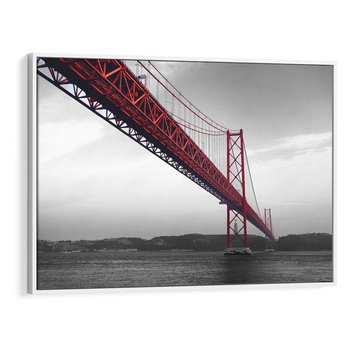 Obraz w ramie 100x70 - Majestatyczny Most - czarno biała fotografia, czerwony stalowy most nad rzeką - rama biała