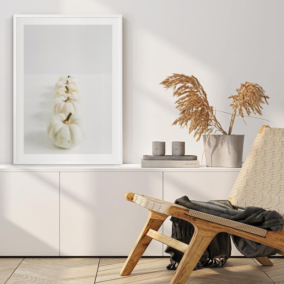 Plakat w ramie 50x70 - Białe Dynie - białe dynie, jesień - rama biała