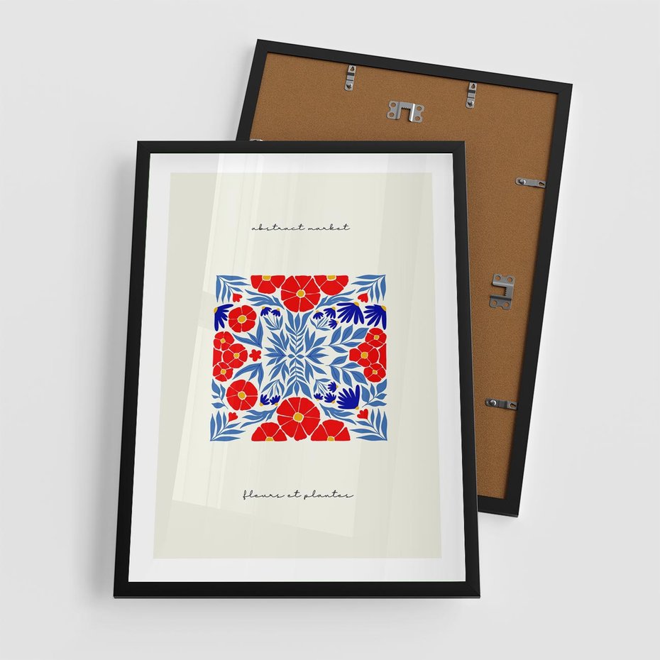 Plakat w ramie 50x70 - Tajemnicza Droga - nowoczesna kwiatowa kompozycja, czerwony i niebieski - rama czarna