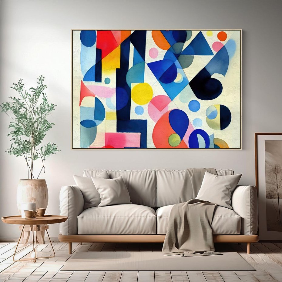 Obraz w ramie 70x50 - Księga Akwarelowych Przeniknięć - abstrakcyjny obraz, różne kolorowe kształty - rama drewno