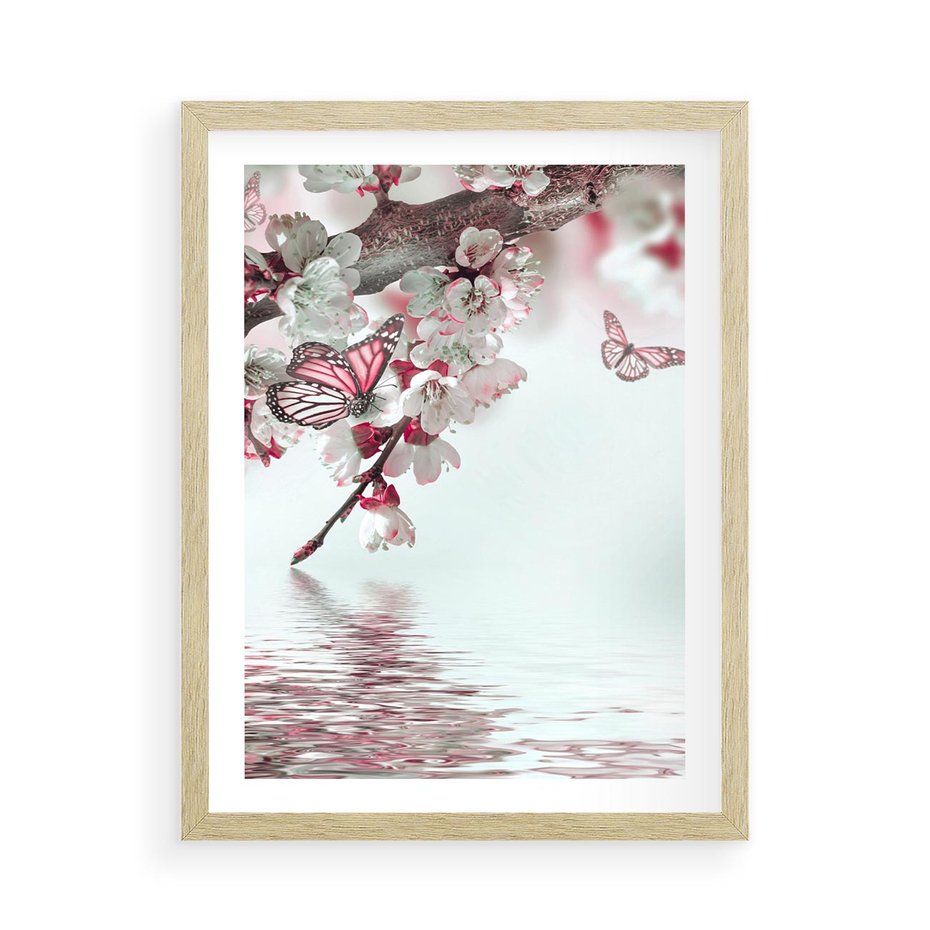 Plakat w ramie 50x70 - Kwiatowa baśń z motylami - kwiaty, motyle - rama drewno