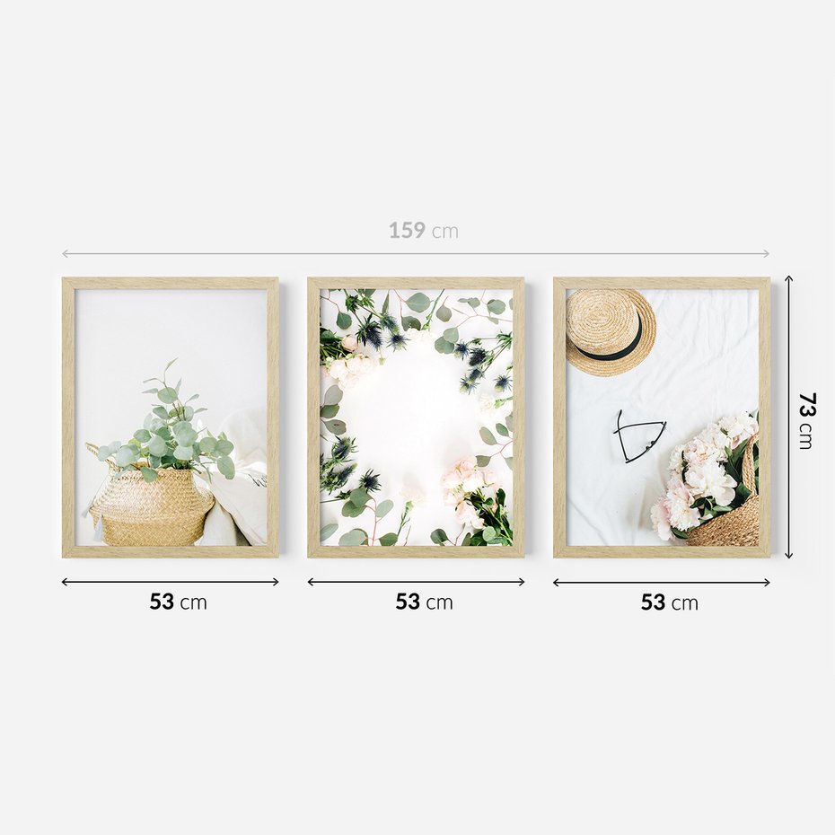 Zestaw obrazy w ramie 50x70 galeria - Kwiaty, koszyk, minimalizm, prostota - rama drewno