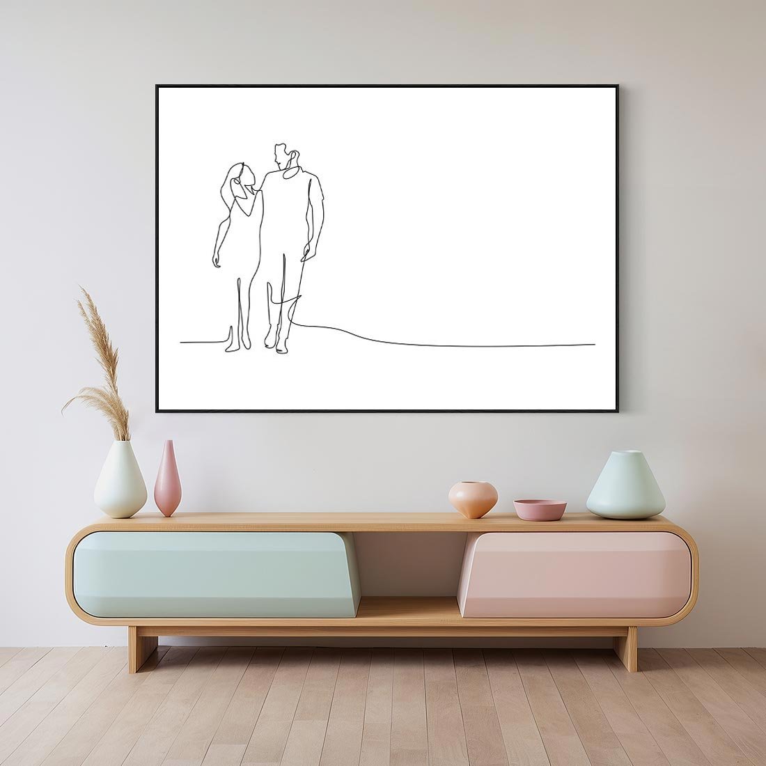 Obraz w ramie 100x70 - Wspólne Kroki - line art, szkic - rama czarna