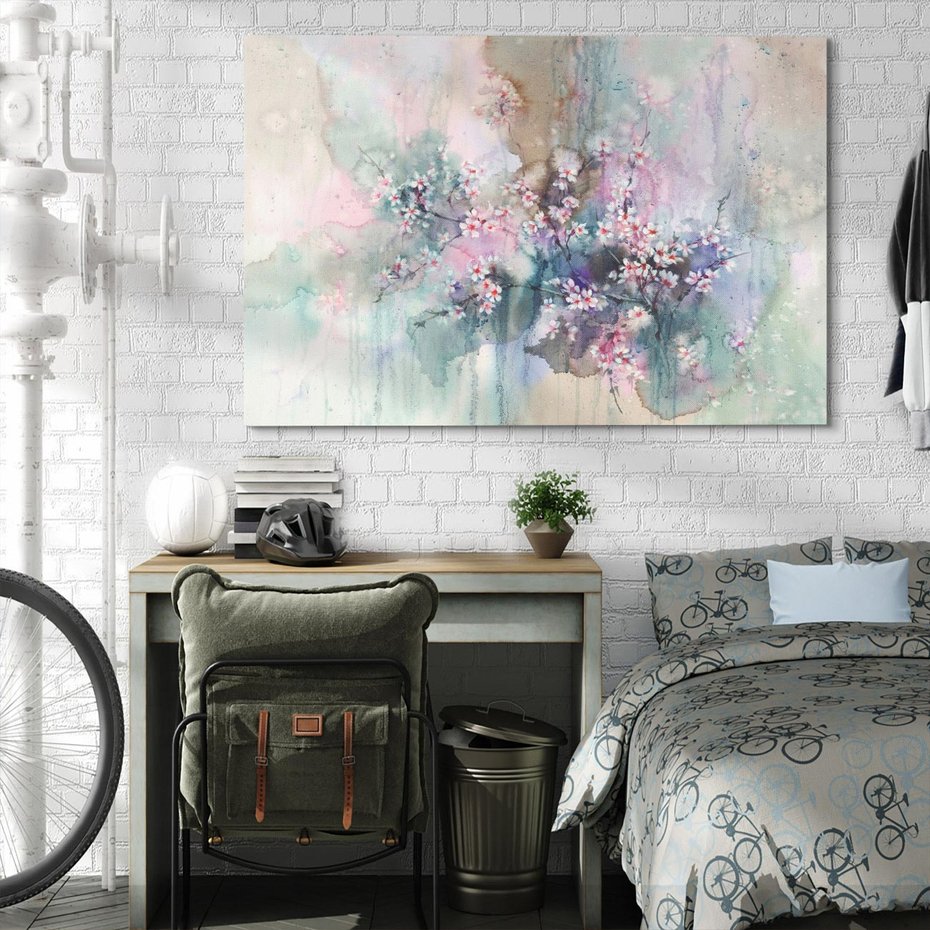 Obraz na płótnie 100x70 - Efemeryczne Kwitnienie Drzew - akwarela, rozmyte pastelowe tłó