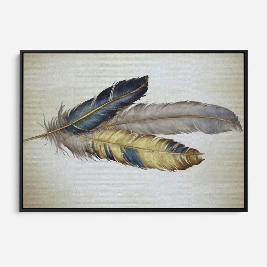 Obraz w ramie 70x50 - Granatowo-Złote Pióra - sztuka, granatowe i złote pióra - rama czarna