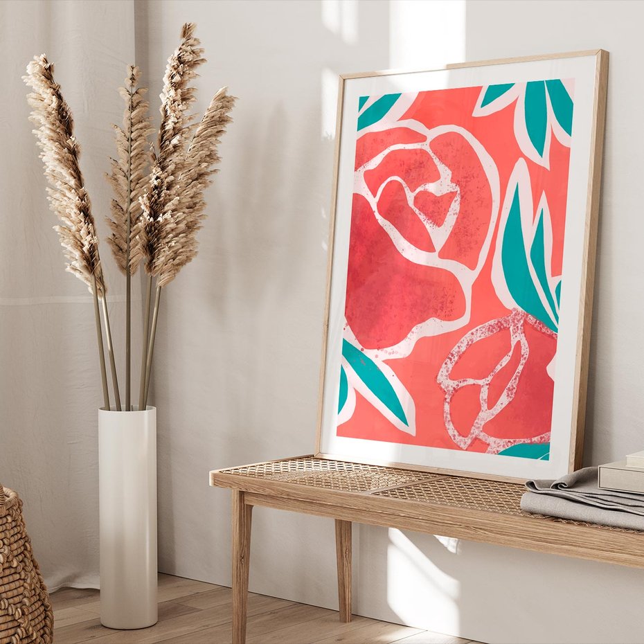 Plakat w ramie 40x50 - Rozkwitające Kształty - nowoczesny plakat, abstrakcyjne róże - rama drewno