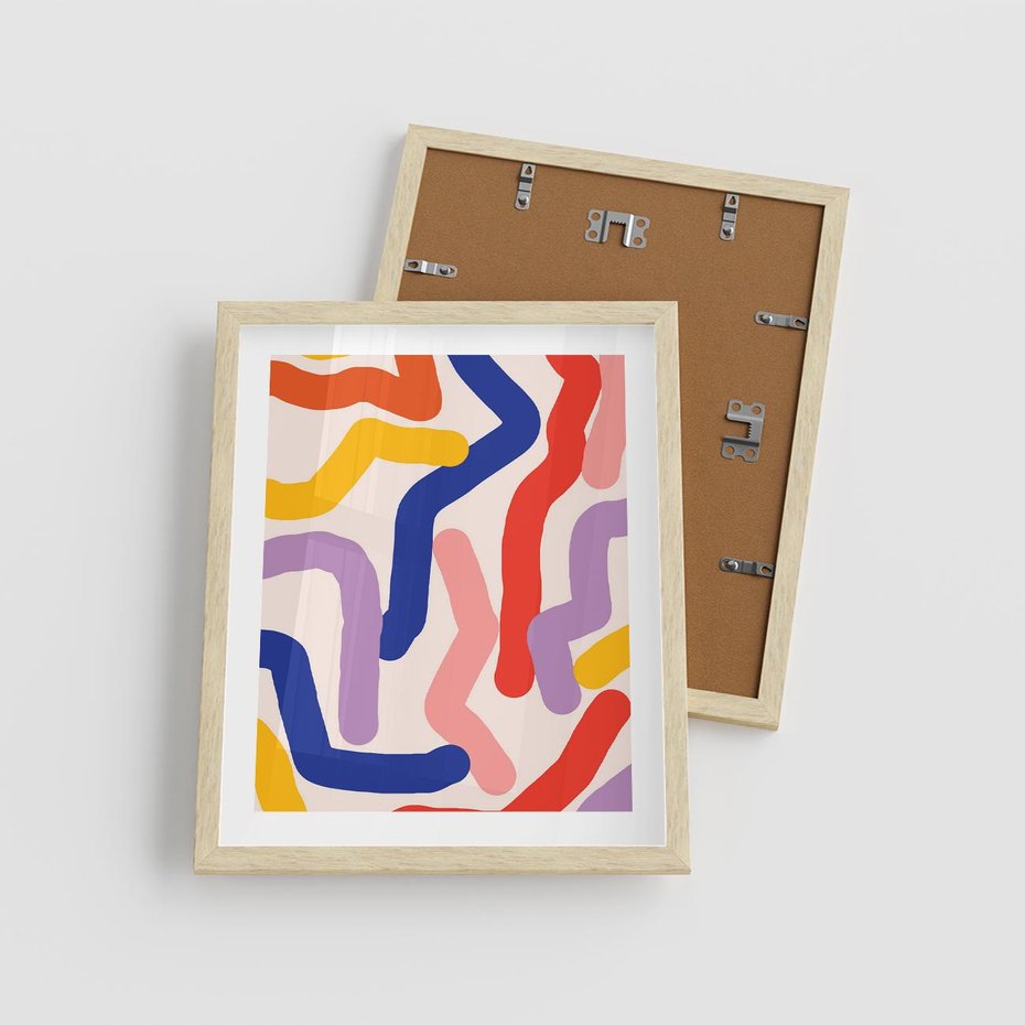 Plakat w ramie 40x50 - Abstrakcyjne Dialogi - abstrakcyjny kolorowy obraz, kolorowe linie - rama drewno