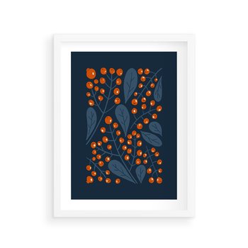 Plakat w ramie 40x50 - Symfonia liści i owoców - granatowe tło, pomarańczowe owoce jarzębiny - rama biała