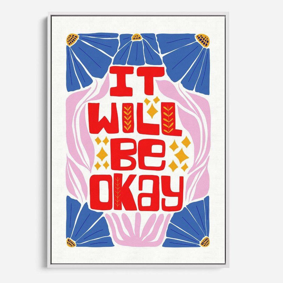 Obraz w ramie 70x100 - Kwiatowa Ekstaza - czerwona pozytywna typografia, kwiatowa kompozycja - rama biała