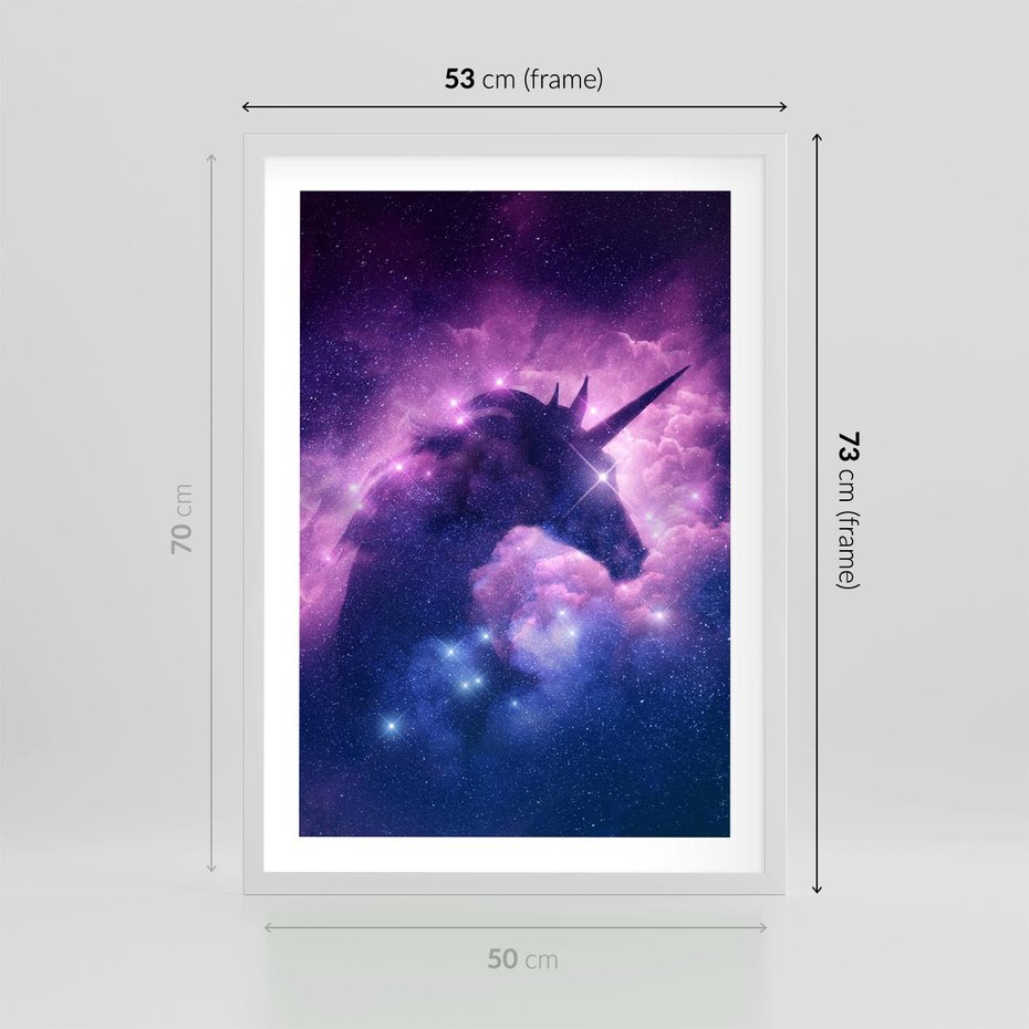Plakat w ramie 50x70 - Mityczna podróż - kosmos, jednorożec - rama biała