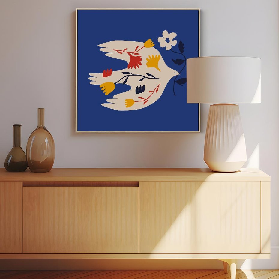 Obraz w ramie 50x50 - Bezgraniczne Widoki - niebieskie tło, abstrakcyjny biały ptak - rama drewno