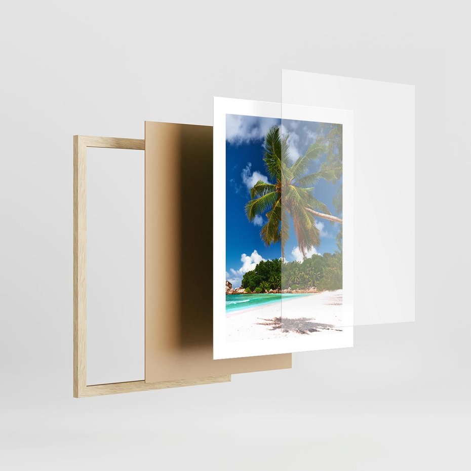 Plakat w ramie 30x40 - Oaza palm na plaży - palma, plaża - rama drewno