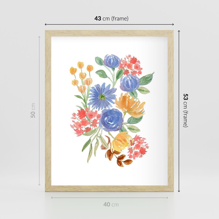 Plakat w ramie 40x50 - Kwiatowe Światło - akwarelowe kwiaty, bukiet - rama drewno