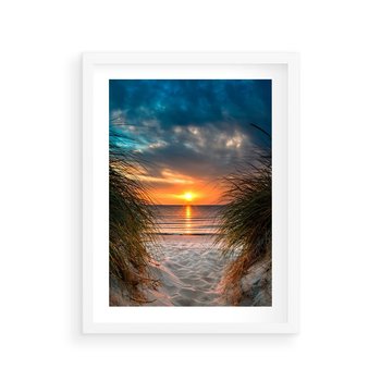 Plakat w ramie 30x40 - Magia zachodu słońca na plaży - zachód, słońca - rama biała