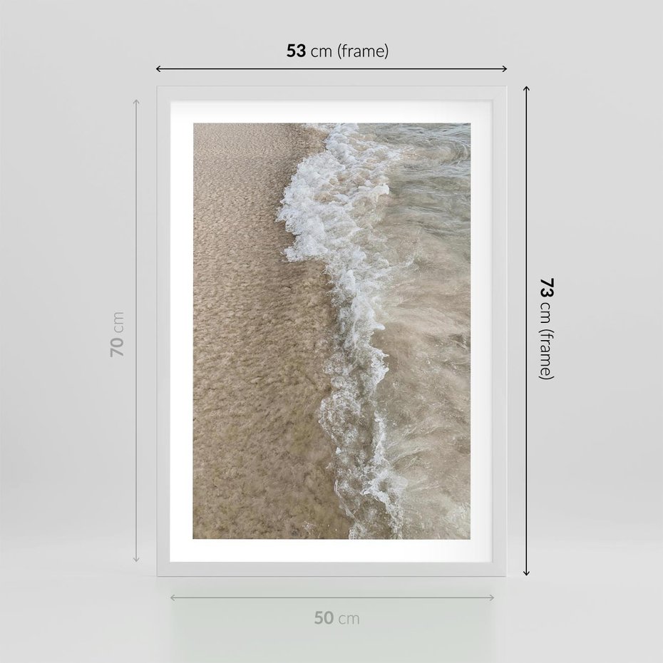 Plakat w ramie 50x70 - Fale Morza na Piasku - plaża, morze - rama biała