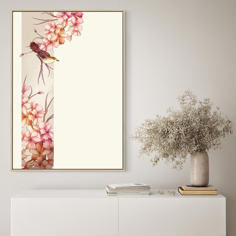Obraz w ramie 80x120 - Rozkwitające Marzenia - japońska sztuka, ptak - rama drewno
