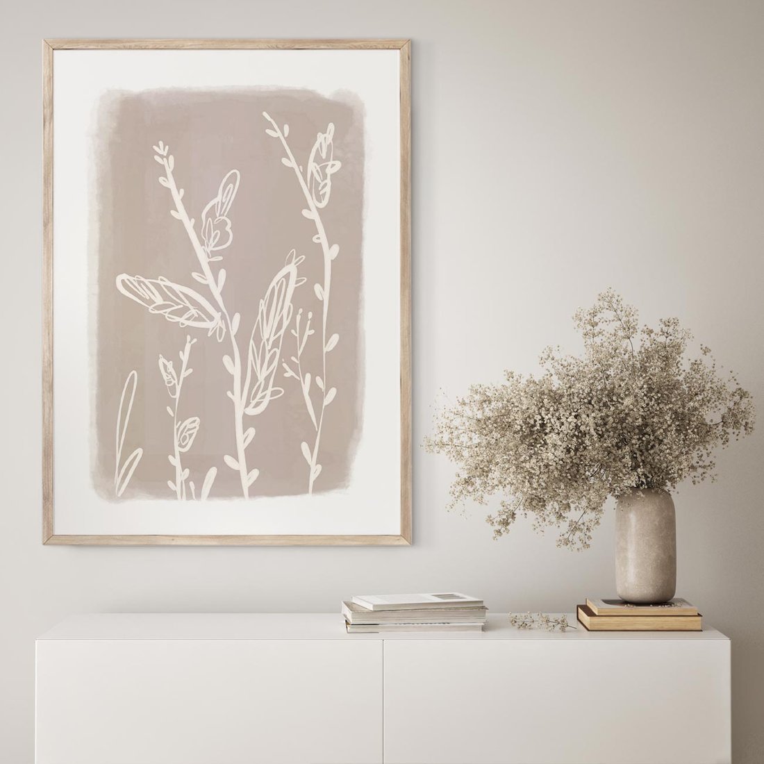 Plakat w ramie 40x50 - Roślinne Przeniknięcia - nowoczesny subtelny plakat, beżowy - rama drewno