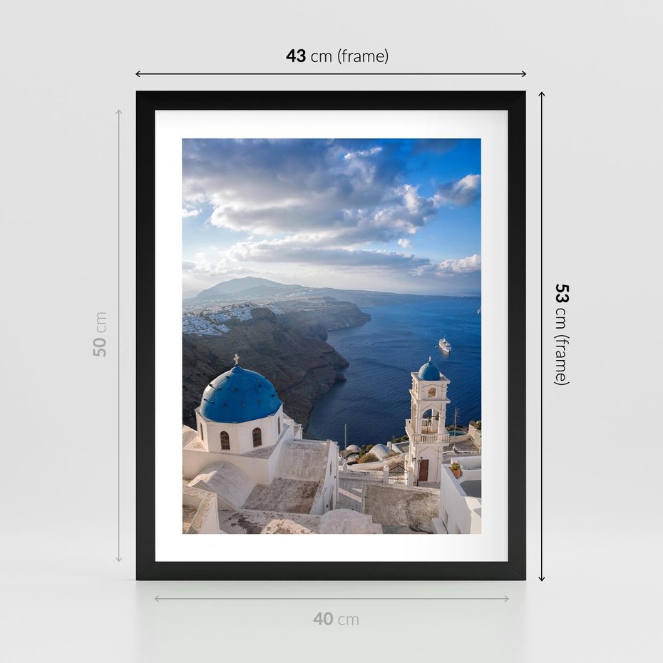 Plakat w ramie 40x50 - Błękitne Przezycia - Santorini, morze - rama czarna