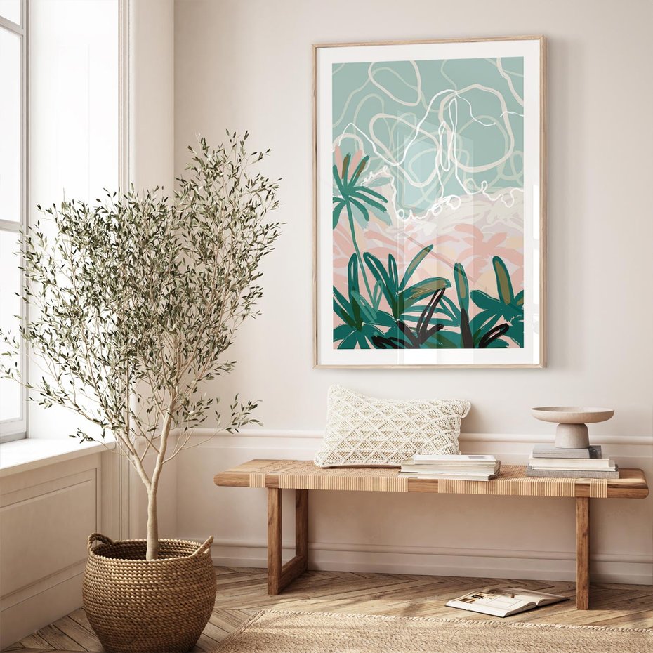 Plakat w ramie 30x40 - Rajski Stan - pastelowy krajobraz, nowoczesny plakat - rama drewno