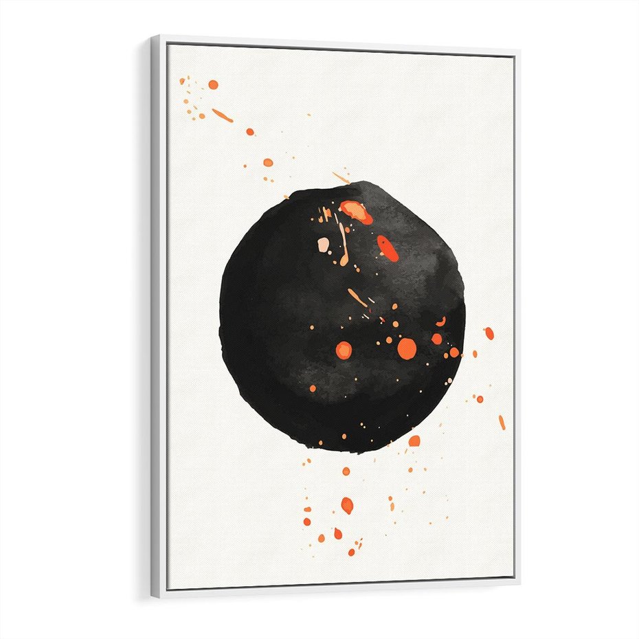 Obraz w ramie 50x70 - Wnętrza Marzeń - abstrakcyjna czarna plama, rozsiane pomarańczowe kropki - rama biała