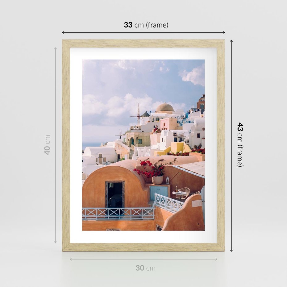 Plakat w ramie 30x40 - Błękit Morza i Białe Domki - Santorini, wyspa - rama drewno