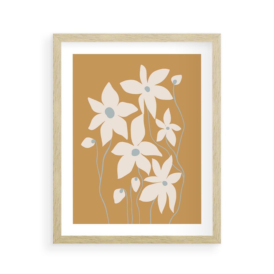 Plakat w ramie 40x50 - Kwiatowy Spektakl - minimalistyczne kwiaty, na pomarańczowym tle - rama drewno