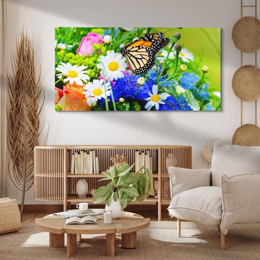 Obraz na płótnie 140x70 - Kwiatowy Taniec - motyl, kwiaty