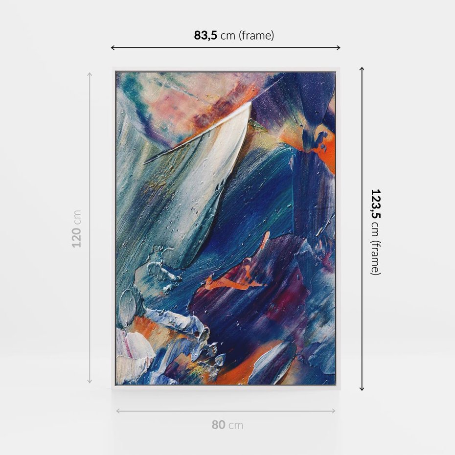 Obraz w ramie 80x120 - Rytmy ukrytych pragnień - chaos i abstrakcja, plamy koloru - rama biała