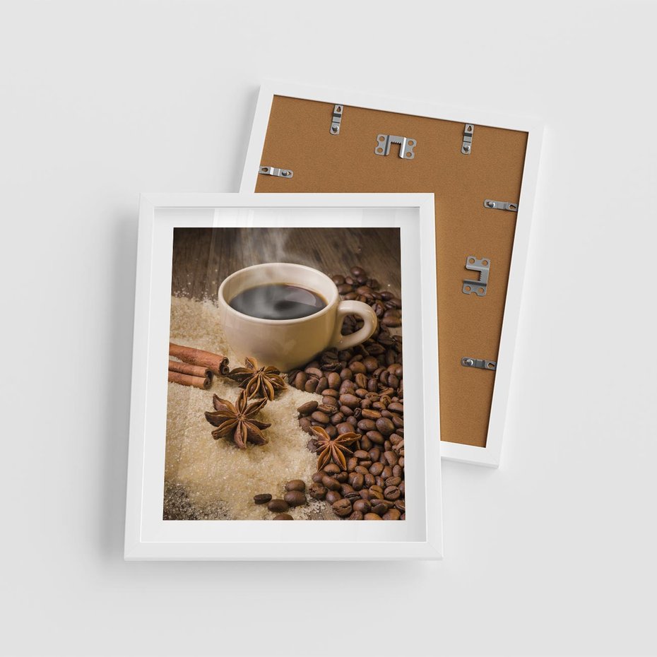 Plakat w ramie 40x50 - Kawowa filiżanka pełna aromatu - kawa, filiżanka - rama biała