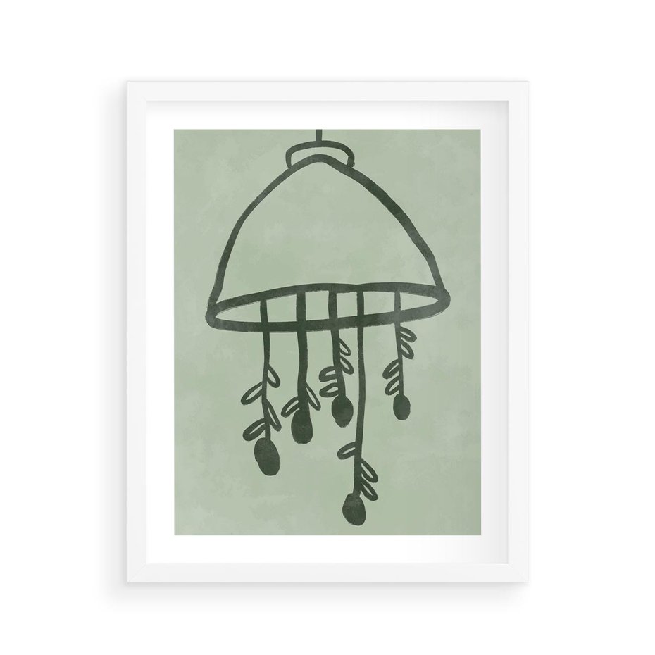 Plakat w ramie 40x50 - Zieleń Inspirującego Spokoju - plakat z abstrakcyjną zieloną lampą, skandynawski design - rama biała