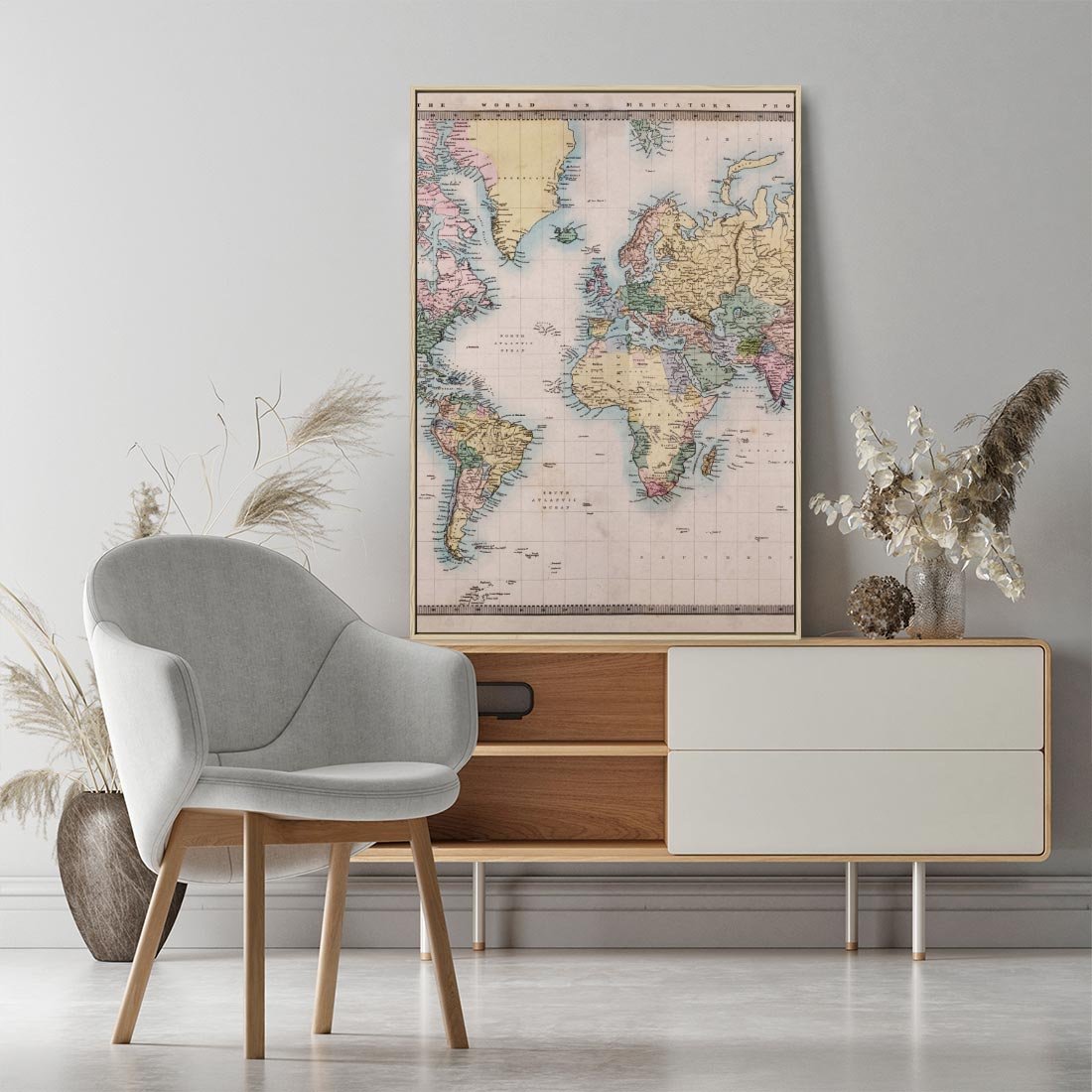 Obraz w ramie 80x120 - Światło Przeszłości - retro mapa świata, mapa - rama drewno