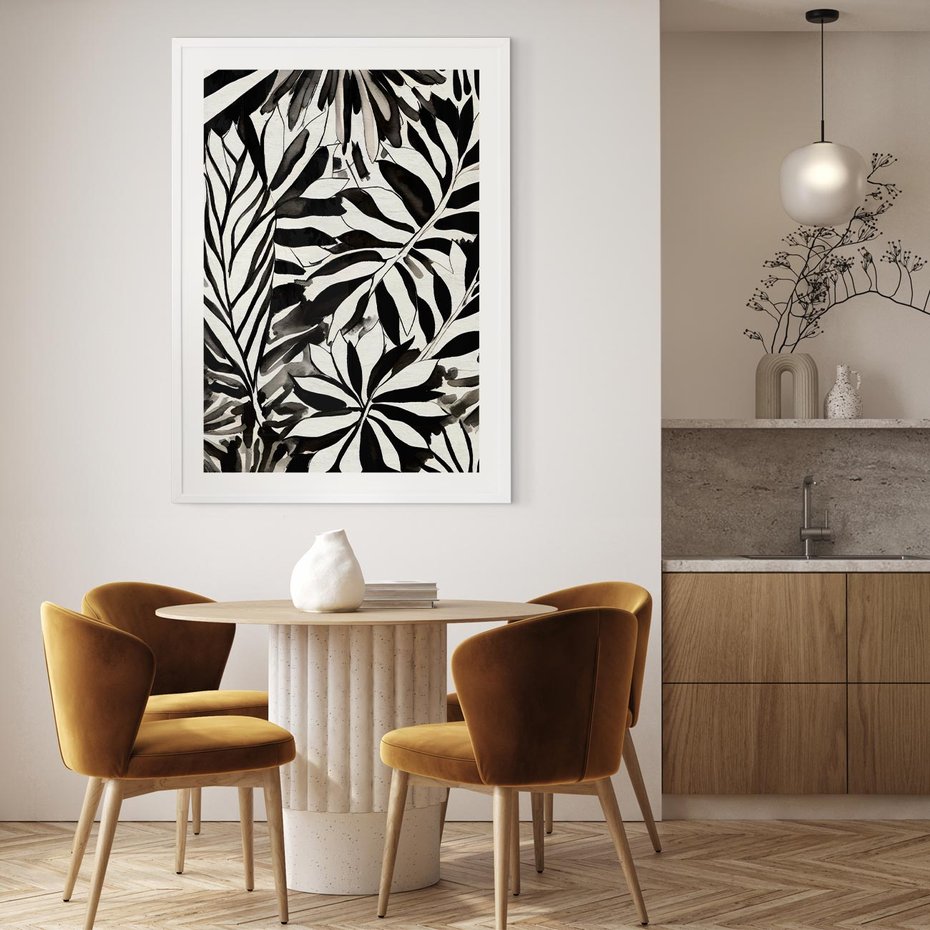 Plakat w ramie 50x70 - Czarne Liście - akwarelowy obraz, czarno biały - rama biała